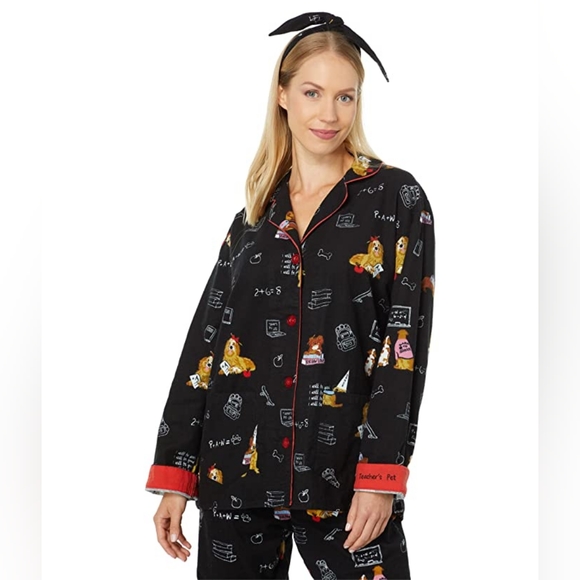 PJ Salvage | Women's Printed Cotton Flannel Pajama Set, Black, - Picture 2 of 5